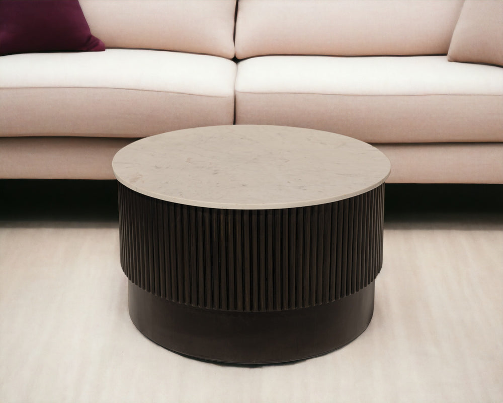 Homeroots 31" Stylish Round Drum Coffee Table - White Marble Top & Dark Brown Solid Wood Base For Modern Decor   579298