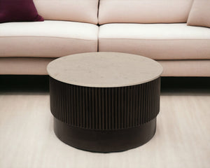 Homeroots 31" Stylish Round Drum Coffee Table - White Marble Top & Dark Brown Solid Wood Base For Modern Decor   579298