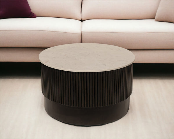 Homeroots 31" Stylish Round Drum Coffee Table - White Marble Top & Dark Brown Solid Wood Base For Modern Decor   579298
