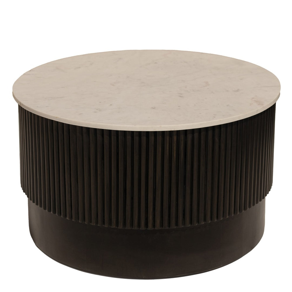 HomeRoots 31" Round Drum Coffee Table with White Marble Top & Dark Brown Solid Wood Base - Versatile Accent Piece for Any Space 579298