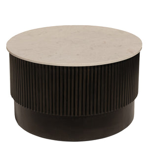 HomeRoots 31" Round Drum Coffee Table with White Marble Top & Dark Brown Solid Wood Base - Versatile Accent Piece for Any Space 579298