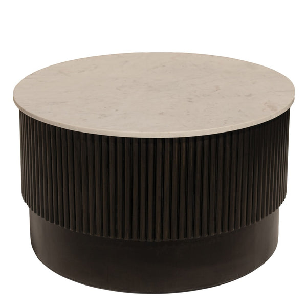 HomeRoots 31" Round Drum Coffee Table with White Marble Top & Dark Brown Solid Wood Base - Versatile Accent Piece for Any Space 579298