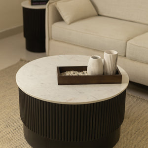 Homeroots 31" Stylish Round Drum Coffee Table - White Marble Top & Dark Brown Solid Wood Base For Modern Decor   579298