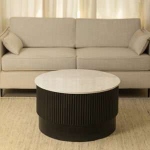 Homeroots 31" Stylish Round Drum Coffee Table - White Marble Top & Dark Brown Solid Wood Base For Modern Decor   579298