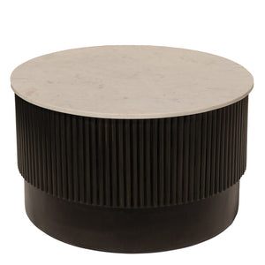 Homeroots 31" Stylish Round Drum Coffee Table - White Marble Top & Dark Brown Solid Wood Base For Modern Decor   579298