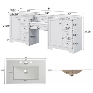 English Elm 84" Double Sink Vanity with Stone Countertop Six Soft Close Drawers and Silver Knobs White N817P404196W