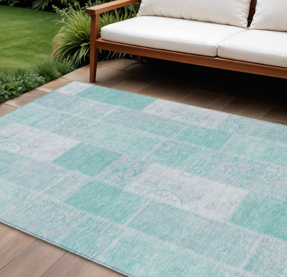 HomeRoots 9' Aqua Teal Blue and Silver Patchwork Washable Area Rug for Indoor & Outdoor Spaces, Durable Design 9' X 12' 579311