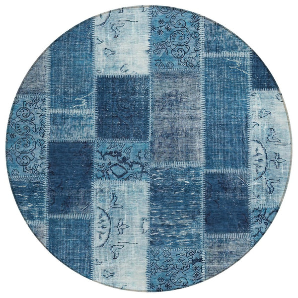 HomeRoots 5' Navy Blue and Sky Blue Patchwork Area Rug - Stylish, Washable, and Perfect for Indoor/Outdoor Spaces 8' Round 579315