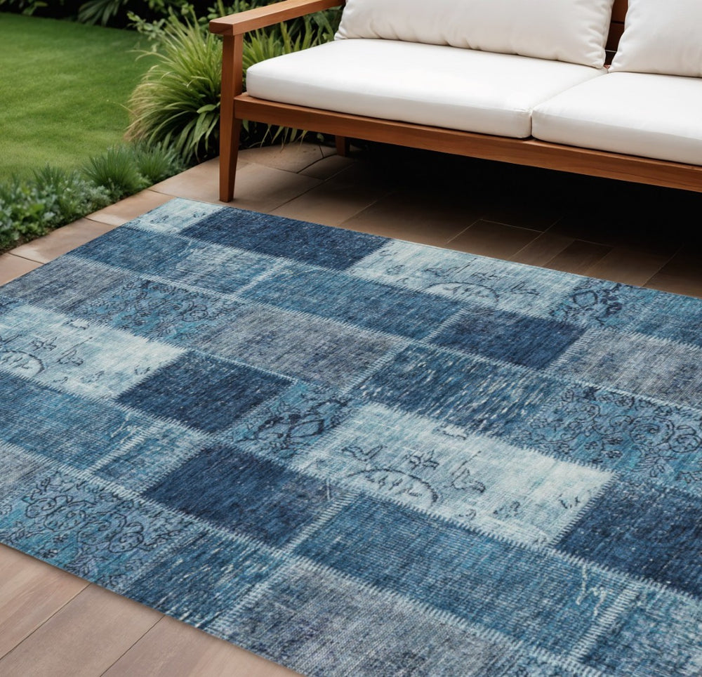 HomeRoots 5' Navy Blue and Sky Blue Patchwork Area Rug - Stylish, Washable, and Perfect for Indoor/Outdoor Spaces 10' X 14' 579318