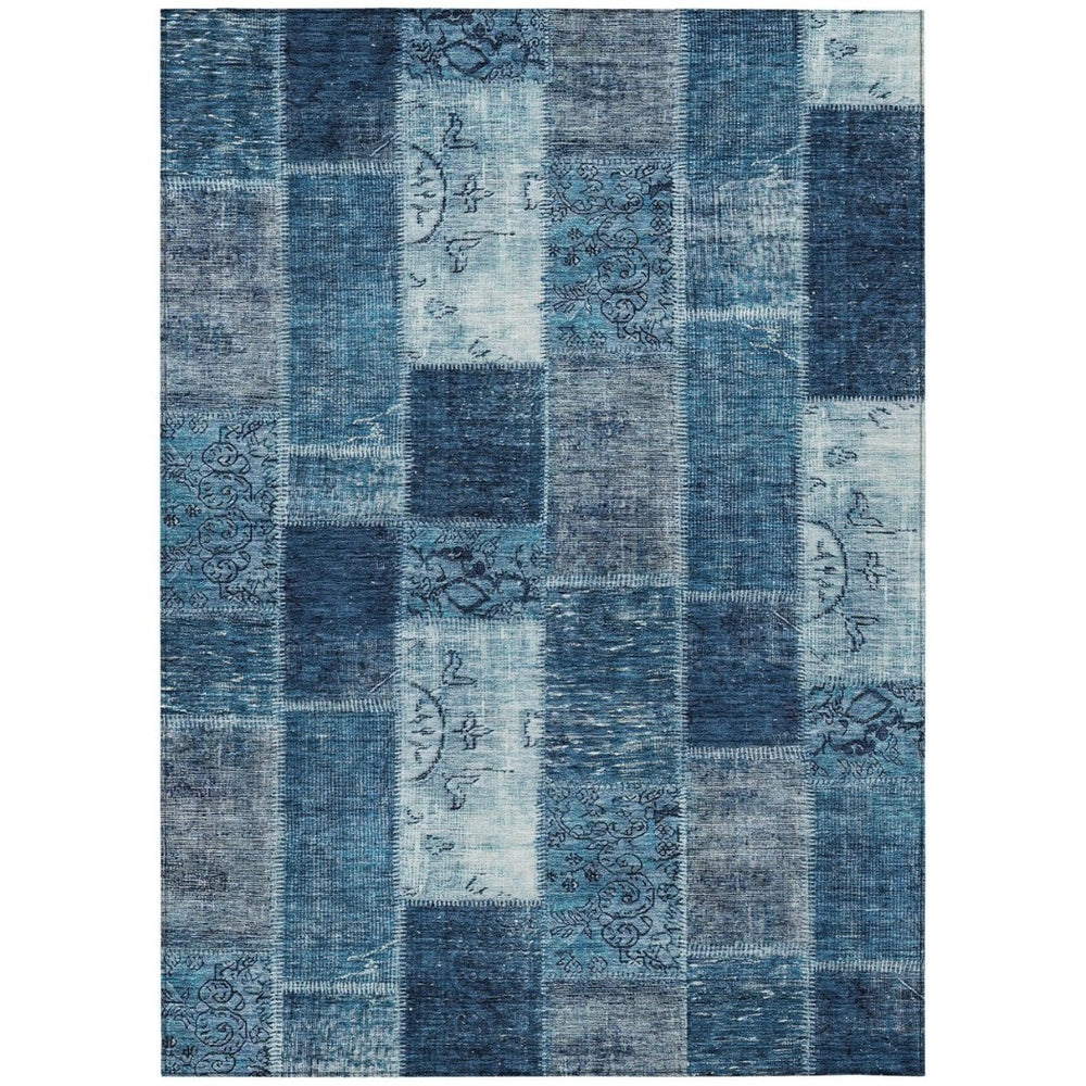 HomeRoots 5' Navy Blue and Sky Blue Patchwork Area Rug - Stylish, Washable, and Perfect for Indoor/Outdoor Spaces 10' X 14' 579318
