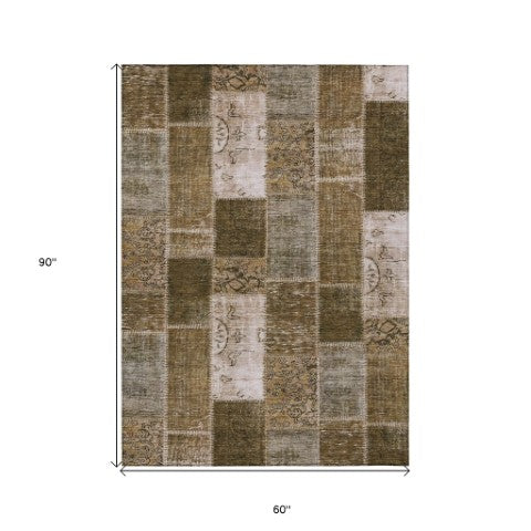 Homeroots 3' Artichoke Green And Ivory Patchwork Washable Area Rug For Indoor And Outdoor Spaces, Durable Design 5' X 8' Polyester 579320