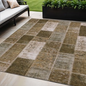 Homeroots 3' Artichoke Green And Ivory Patchwork Washable Area Rug For Indoor And Outdoor Spaces, Durable Design 5' X 8' Polyester 579320