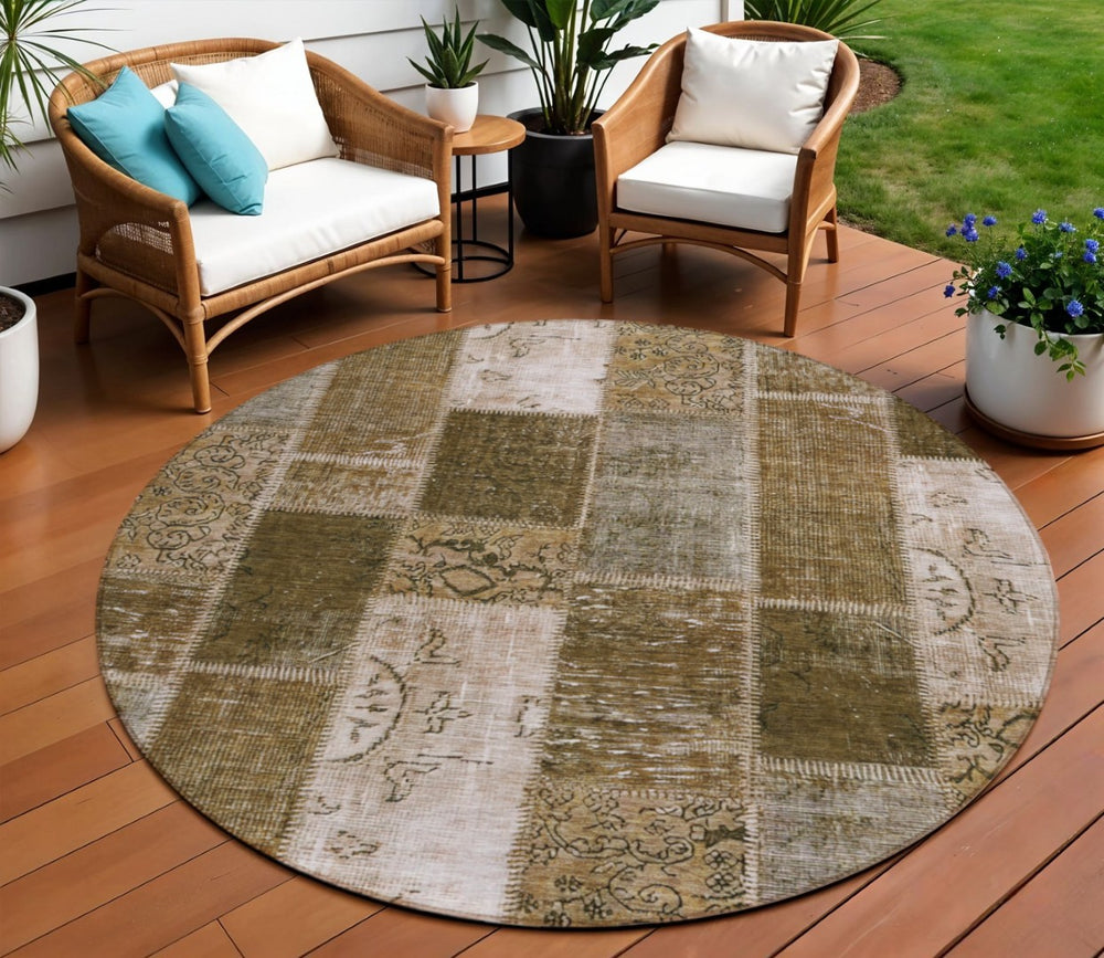 HomeRoots 5' Timeless Brown and Ivory Patchwork Area Rug - Durable, Stain-Resistant for Indoor or Outdoor Use 8' Round 579321