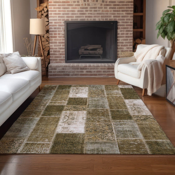 Homeroots 3' Artichoke Green And Ivory Patchwork Washable Area Rug For Indoor And Outdoor Spaces, Durable Design 10' X 14' Polyester 579324