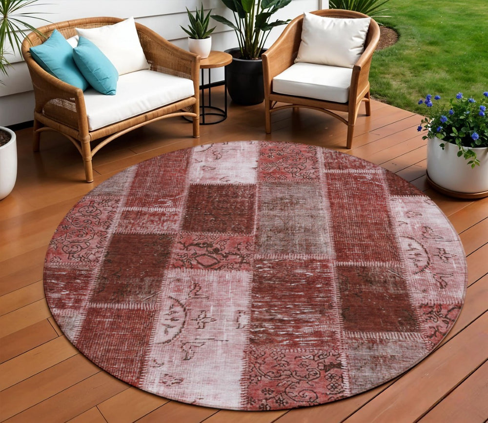 HomeRoots 5' Stylish Burgundy Merlot and Blush Patchwork Indoor Outdoor Area Rug for Versatile Living Spaces 8' Round 579327