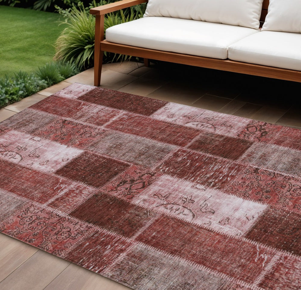 HomeRoots 9' Burgundy Merlot and Blush Patchwork Area Rug - Durable, Washable Design for Indoor or Outdoor Use 9' X 12' 579329