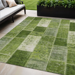 Homeroots 3' Artichoke Green And Ivory Patchwork Washable Area Rug For Indoor And Outdoor Spaces, Durable Design 5' X 8' Polyester 579332