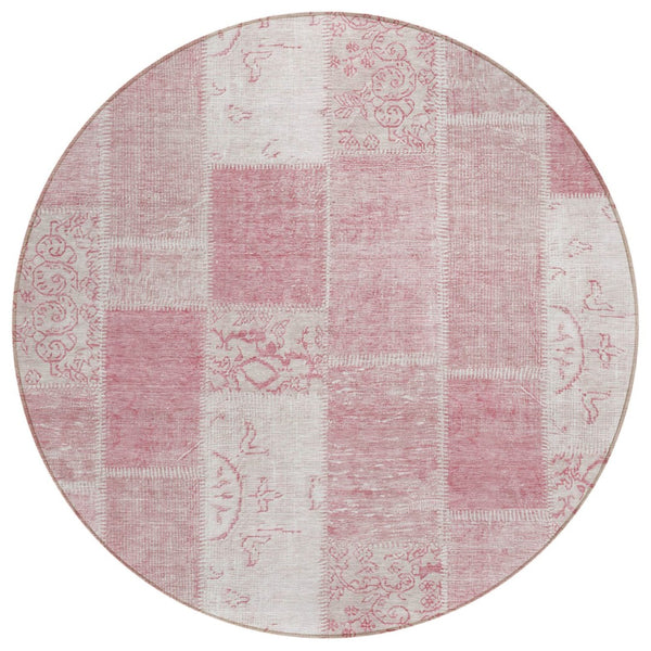 HomeRoots 5' Pink Blush and Ivory Patchwork Area Rug - Stylish, Durable, Washable for Indoor and Outdoor Use 8' Round 579339