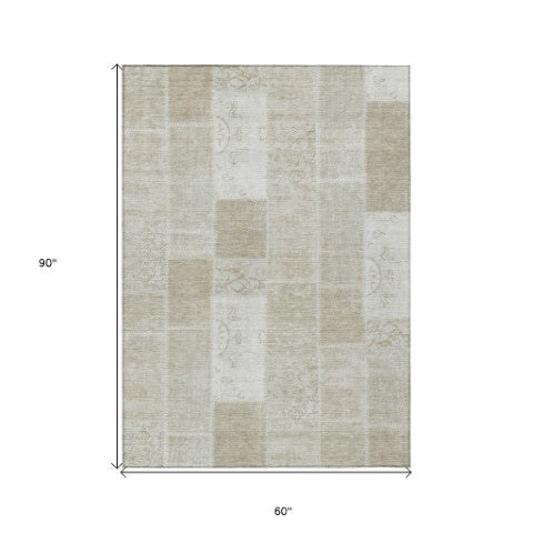 Homeroots 3' Artichoke Green And Ivory Patchwork Washable Area Rug For Indoor And Outdoor Spaces, Durable Design 5' X 8' Polyester 579362