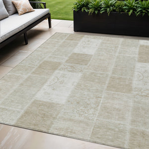 Homeroots 3' Artichoke Green And Ivory Patchwork Washable Area Rug For Indoor And Outdoor Spaces, Durable Design 5' X 8' Polyester 579362