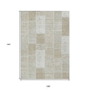Homeroots 3' Artichoke Green And Ivory Patchwork Washable Area Rug For Indoor And Outdoor Spaces, Durable Design 9' X 12' Polyester 579365