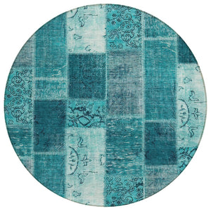 HomeRoots 5' Vibrant Teal Blue Aqua Turquoise Patchwork Indoor Outdoor Area Rug - Durable & Washable Design 8' Round 579369