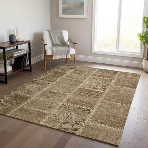 Homeroots 3' Brown And Beige Patchwork Washable Area Rug - Stylish, Durable, And Perfect For Indoor Or Outdoor Use 3' X 5' Polyester 579373