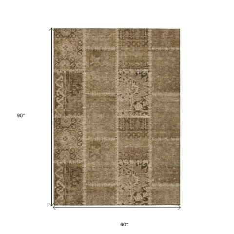 Homeroots 3' Brown And Beige Patchwork Washable Area Rug - Stylish, Durable, And Perfect For Indoor Or Outdoor Use 5' X 8' Polyester 579374