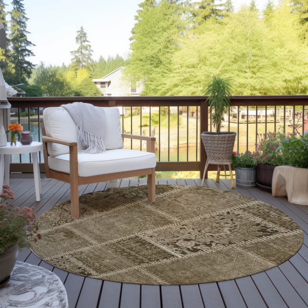 Homeroots 3' Brown And Beige Patchwork Washable Area Rug - Stylish, Durable, And Perfect For Indoor Or Outdoor Use 8' Round Polyester 579375