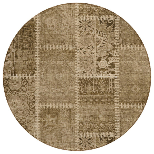 HomeRoots 5' Brown and Beige Patchwork Indoor Outdoor Area Rug - Durable, Washable, Versatile for Any Space 8' Round 579375