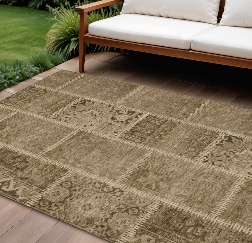 HomeRoots 9' Brown and Beige Patchwork Area Rug – Durable, Washable Design for Indoor and Outdoor Living Spaces 9' X 12' 579377