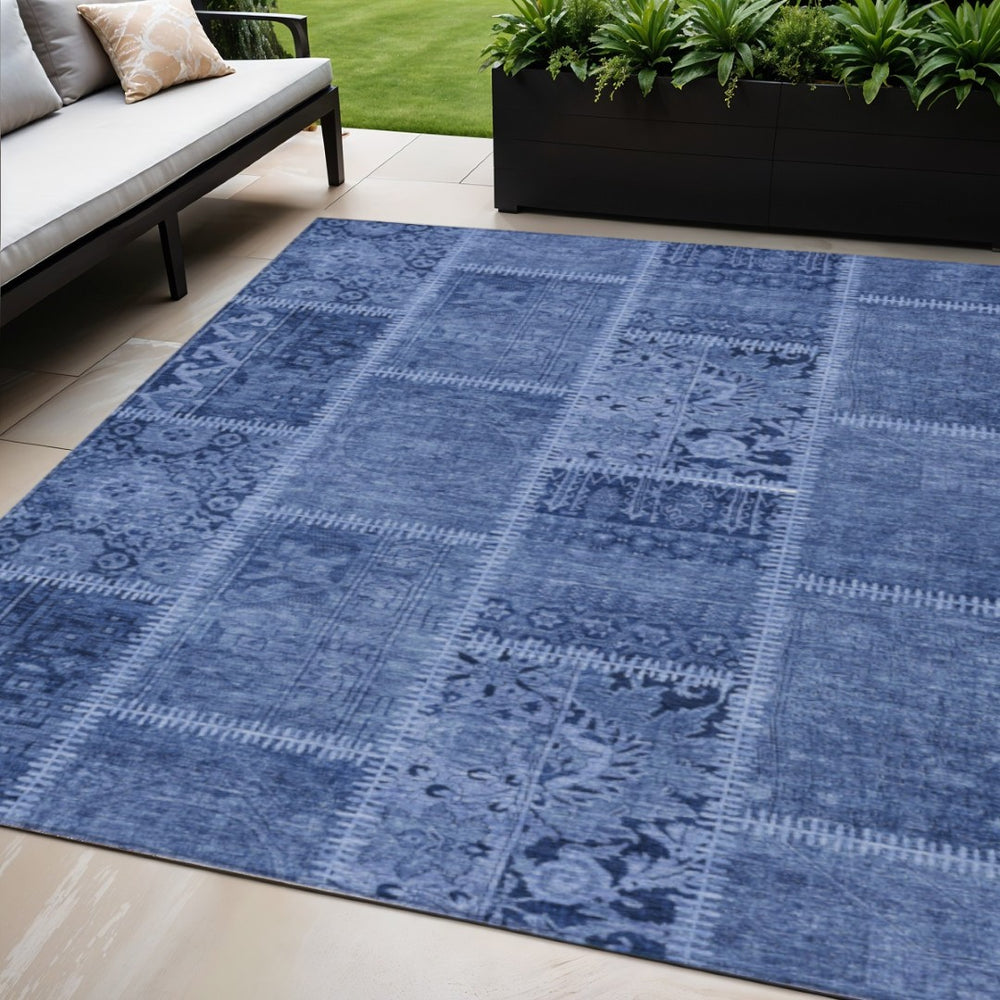 HomeRoots 5' Stylish Navy Blue and Denim Patchwork Area Rug – Durable, Stain-Resistant for Indoor/Outdoor Use 5' X 8' 579386