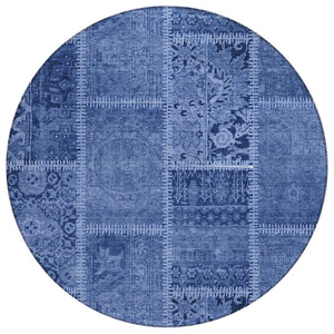 HomeRoots 5' Stylish Navy Blue and Denim Patchwork Area Rug – Durable, Stain-Resistant for Indoor/Outdoor Use 8' Round 579387