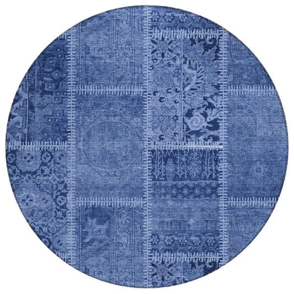 HomeRoots 5' Stylish Navy Blue and Denim Patchwork Area Rug – Durable, Stain-Resistant for Indoor/Outdoor Use 8' Round 579387