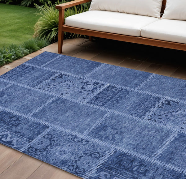 HomeRoots 9' Navy and Denim Blue Patchwork Indoor Outdoor Area Rug - Durable, Washable, and Stylish Décor Solution 9' X 12' 579389