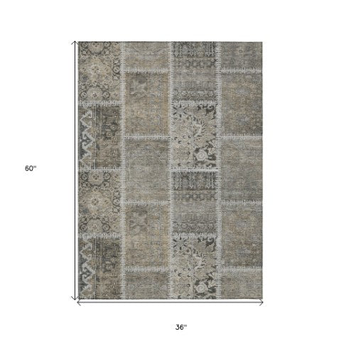 Homeroots 3' Brown And Beige Patchwork Washable Area Rug - Stylish, Durable, And Perfect For Indoor Or Outdoor Use 3' X 5' Polyester 579391