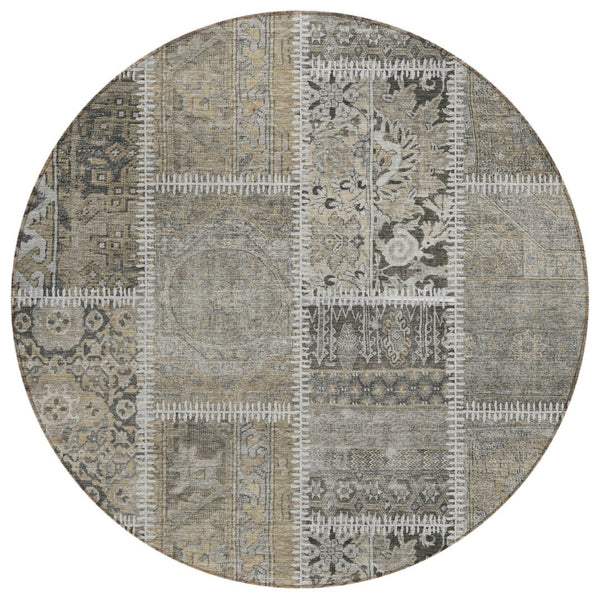 HomeRoots 5' Versatile Taupe Beige Tan Patchwork Area Rug - Durable, Washable for Indoor & Outdoor Spaces 8' Round 579393