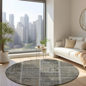 Homeroots 3' Brown And Beige Patchwork Washable Area Rug - Stylish, Durable, And Perfect For Indoor Or Outdoor Use 8' Round Polyester 579393