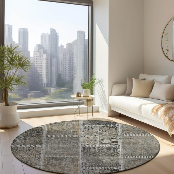 Homeroots 3' Brown And Beige Patchwork Washable Area Rug - Stylish, Durable, And Perfect For Indoor Or Outdoor Use 8' Round Polyester 579393