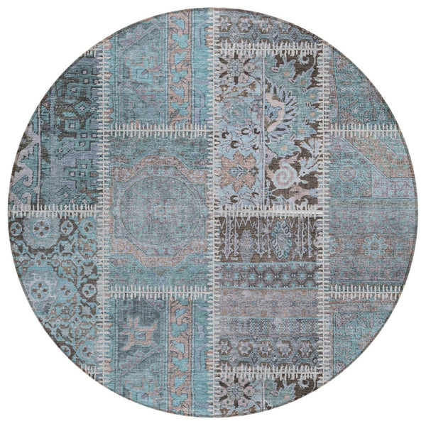 HomeRoots 5' Teal Blue Aqua and Beige Patchwork Rug - Stylish, Washable Indoor-Outdoor Area Rug for Any Space 8' Round 579399