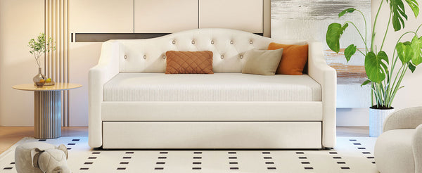 English Elm Upholstered Full XL Daybed with LED Belt and Trundle, Linen Backrest, Modern Silhouette, 450lb Capacity Beige DL002059AAA