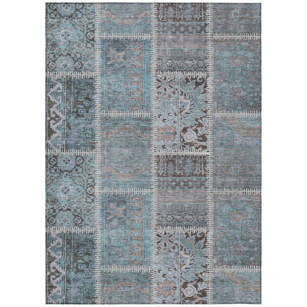 HomeRoots 5' Teal Blue Aqua and Beige Patchwork Rug - Stylish, Washable Indoor-Outdoor Area Rug for Any Space 8' X 10' 579400