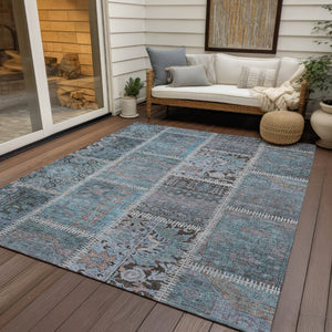 HomeRoots 9' Teal Aqua Beige Patchwork Area Rug - Durable, Washable Design for Indoor & Outdoor Spaces 9' X 12' 579401
