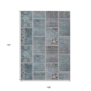 HomeRoots 9' Teal Aqua Beige Patchwork Area Rug - Durable, Washable Design for Indoor & Outdoor Spaces 9' X 12' 579401