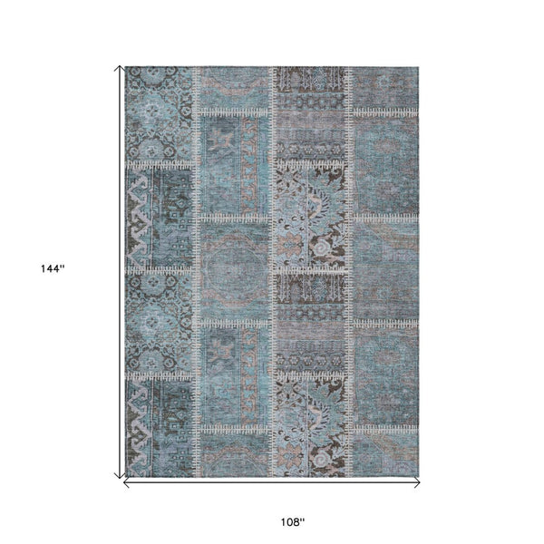 HomeRoots 9' Teal Aqua Beige Patchwork Area Rug - Durable, Washable Design for Indoor & Outdoor Spaces 9' X 12' 579401