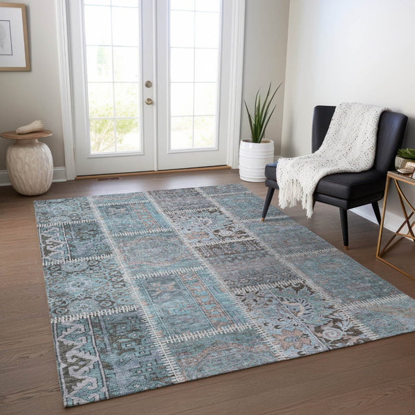 HomeRoots 9' Teal Aqua Beige Patchwork Area Rug - Durable, Washable Design for Indoor & Outdoor Spaces 9' X 12' 579401