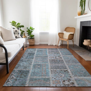 HomeRoots 9' Teal Aqua Beige Patchwork Area Rug - Durable, Washable Design for Indoor & Outdoor Spaces 9' X 12' 579401