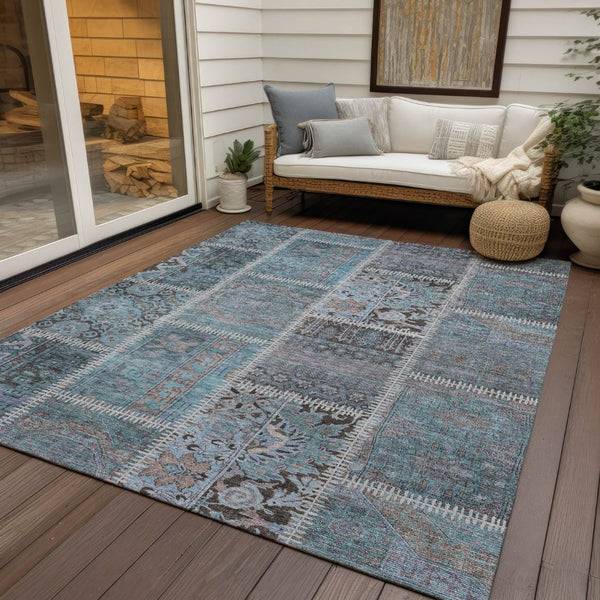 HomeRoots 9' Teal Aqua Beige Patchwork Area Rug - Durable, Washable Design for Indoor & Outdoor Spaces 9' X 12' 579401