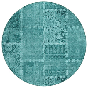 HomeRoots 5' Vibrant Turquoise Teal Aqua Patchwork Area Rug - Durable, Washable for Indoor & Outdoor Use 8' Round 579405