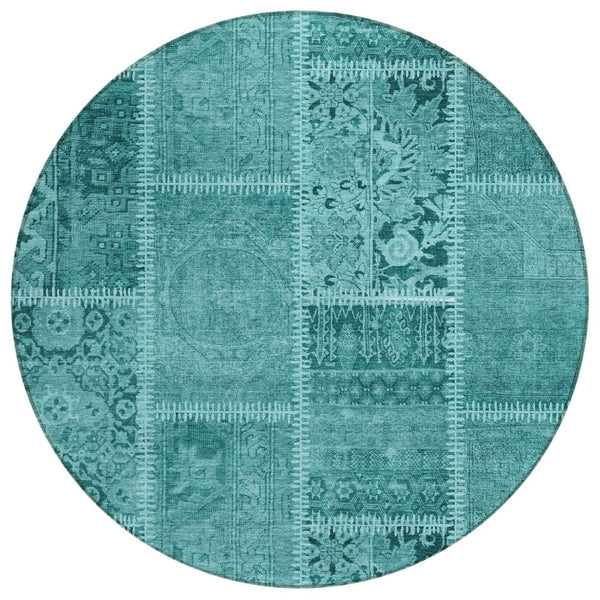 HomeRoots 5' Vibrant Turquoise Teal Aqua Patchwork Area Rug - Durable, Washable for Indoor & Outdoor Use 8' Round 579405